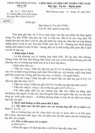 Văn bản số 306 Sở Y tế về việc hướng dẫn xử lý tình huống liên quan đến ổ dịch Covid 19