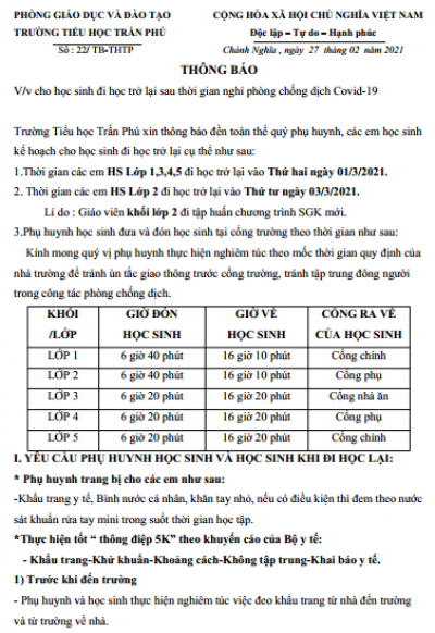 Thông báo cho học sinh đi học trở lại ngày 1/3/2021