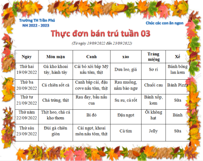 Thực đơn tuần 3 - Năm học 2022 - 2023